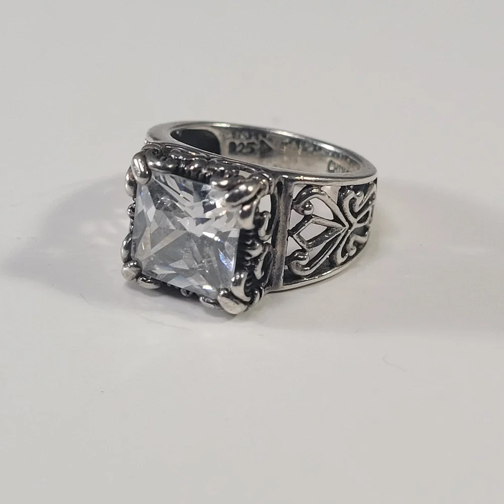 Sterling Silver Gothic Ring Size 7.75 Large Princess Cut Glass Statement‎ Ring